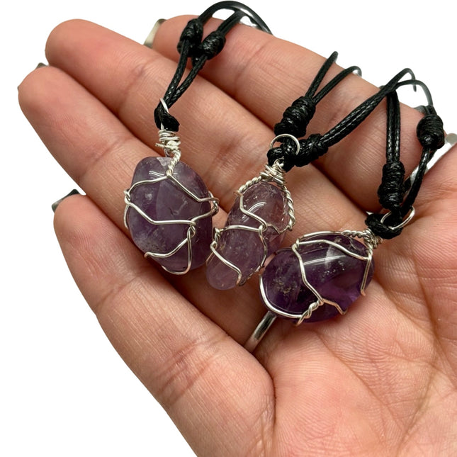 Amethyst Tumble Nugget - Wire Wrapped & Cord Necklace