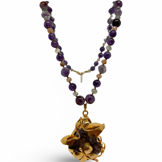 Super Seven with Chevron Amethyst and Geode Pendant - Chain Necklace