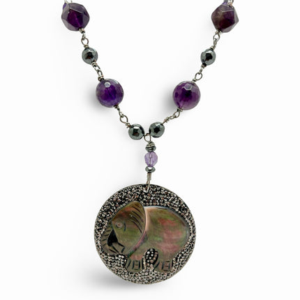 Faceted Amethyst with Black Lip Shell Elephant Hematite Pendant - Wire Necklace