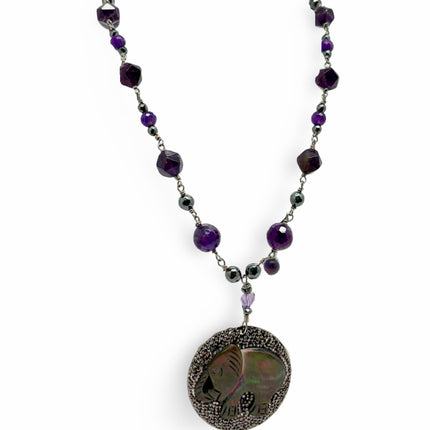 Faceted Amethyst with Black Lip Shell Elephant Hematite Pendant - Wire Necklace