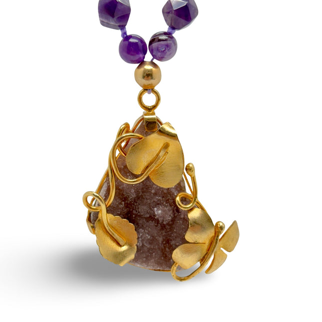 Amethyst with Aura Quartz and Geode Pendant - Claps Necklace